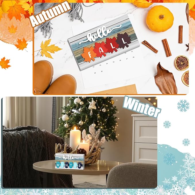 Roowest 5 Pcs Hello Fall Sign Interchangeable Seasonal Sign Spring Summer Winter Tiered Tray Decor 5.9 x 3 Inch Wooden 4 Seasons Farmhouse Table Centerpiece Decoration for Home Shelf Office(Retro)