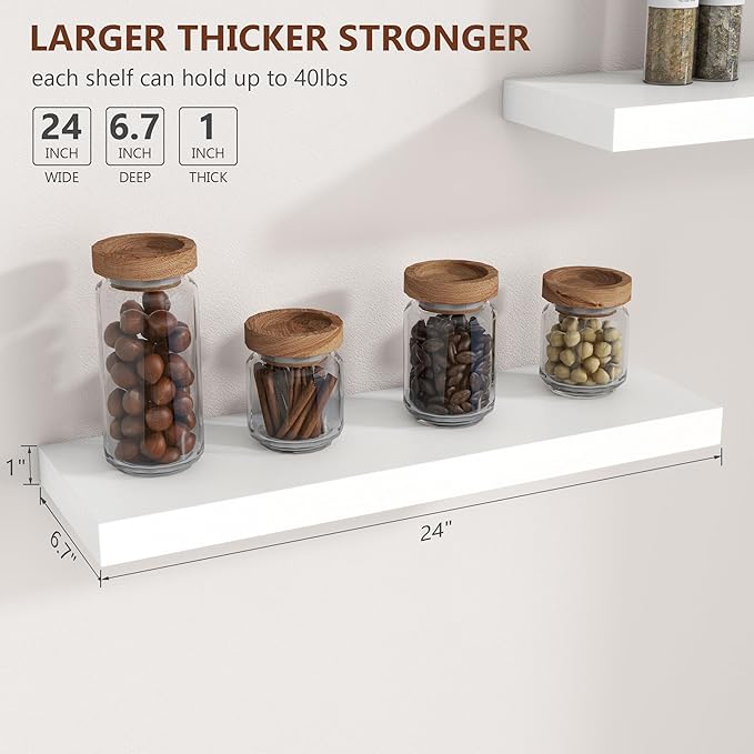 fuqing White Floating Shelves for Wall - 24 Inch Wide x 6.7 Inch Deep Solid Wood Shelves Set of 2 - White Wood Ledge Shelf for Bedroom Bathroom Living Room Kitchen