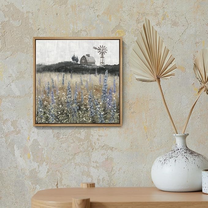 Framed Wall Art Vintage Classical Farmhouse Painting Rustic Countryside Wildflower Field Nature Meadow Landscape Retro Windmill Barn Canvas Print Wilderness Artwork for Bedroom Living Room 14"W x 14"H