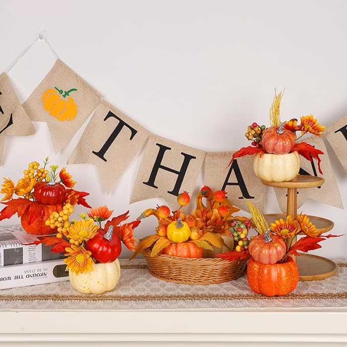 winemana Fall Decorations for Home - Set of 6 Artificial Pumpkins with Maple & Flowers, Thanksgiving Table Decor, Pumpkin Vases Centerpiece for Kitchen Office Indoor