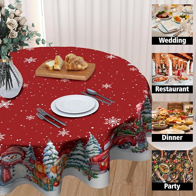 Kawani Christmas 60 Inch Round Tablecloth Red Snowman Round Table Cloth Decor for Home Xmas Truck Decorative Dining Table Cover for Winter Holiday Farmhouse Party Picnic Decor