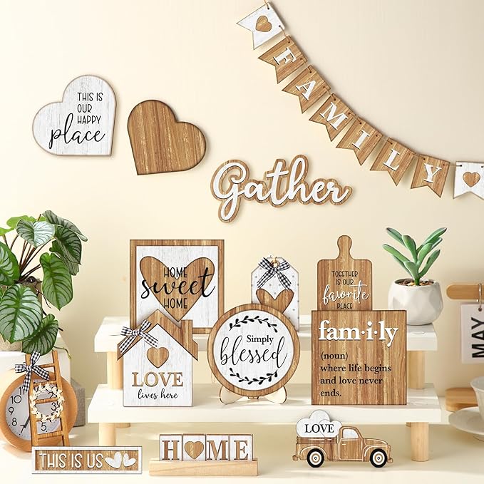 Yaomiao 21 Pcs Farmhouse Tiered Tray Decor Set Rustic Farmhouse Wood Sign Decor Items Vintage Rustic Family Gather Blessed Tiered Tray This Is Our Happy Place Sign for Home Kitchen Table Shelf