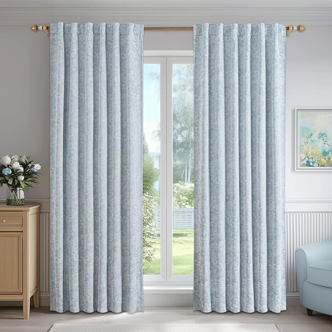 Beauoop Blue Floral Jacquard Blackout Curtains 96 Inches Long 2 Panels for Bedroom Living Room Chenille Flower Room Darkening Thermal Insulated Soundproof Rod Pocket Back Tab Window Drapes, 52x96
