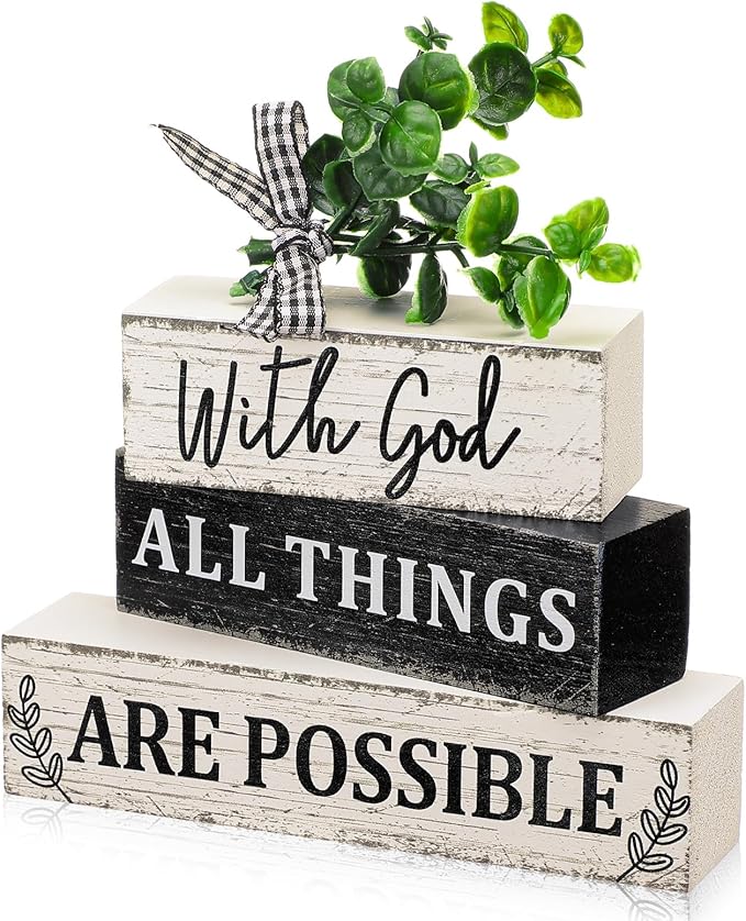 Geelin 4 Pcs Christian Wooden Sign Farmhouse Rustic Eucalyptus Leaves Wood Block Sign Table Centerpiece Religious Tiered Tray Decor Centerpiece Decor for Home Summer