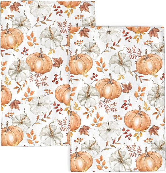 Fall Kitchen Towels 16x24 Inch Burnt Orange Pumpkin Leaves Decor Dish Towels Autumn Harvest Thanksgiving Seasonal Decoration Hand Towel Absorbent Dish Cloths for Home Kitchen Dining Set of 2