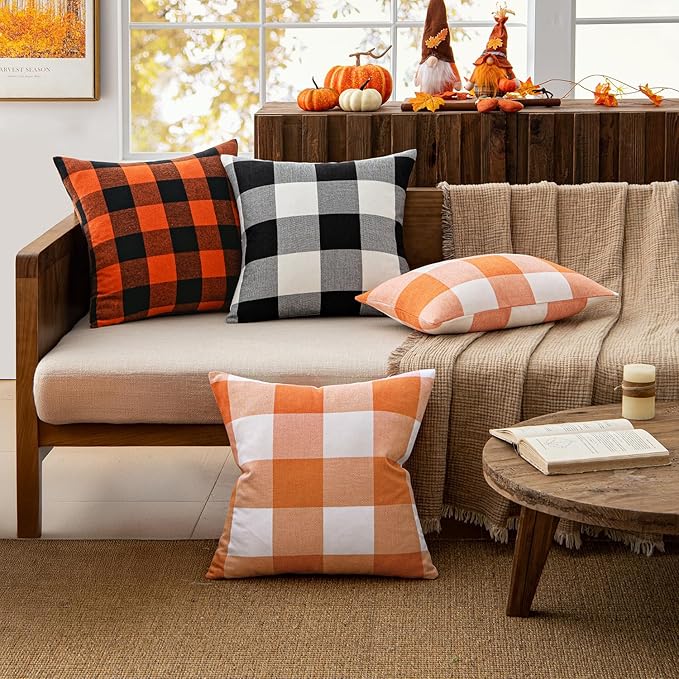 MIULEE Pack of 2 Fall Throw Pillow Covers Classic Farmhouse Buffalo Check Plaids Linen Soft Solid Orange and White Decorative Outdoor Cushion Case for Sofa Bedroom 26 x 26 Inch