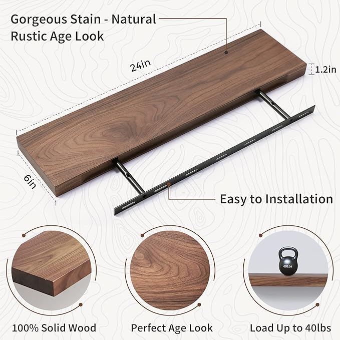 Axeman Walnut Floating Shelves for Wall - 24 Inch Wide x 6 Inch Deep Solid Walnut Wood Shelves Set of 2 - Natural Wooden Shelves for Room Wall Decor