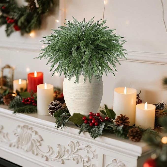 DR.DUDU 12 Pack Christmas Norfolk Pine Stems-18 Real Touch Artificial Christmas Greenery for DIY Wreaths, Garland & Holiday Decor, Xmas Tree Filler Branches for Vases, Mantel Tabletop Decorations