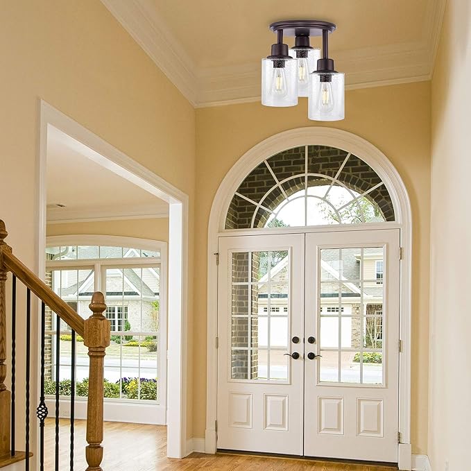 Semi Flush Mount Ceiling Light, 3-Light Close to Ceiling Light Fixtures, Vintage Oil-Rubbed Bronze Finish Kitchen Light Fixture with Clear Seeded Glass Shade Patriot Lighting for Entryway Porch Foyer