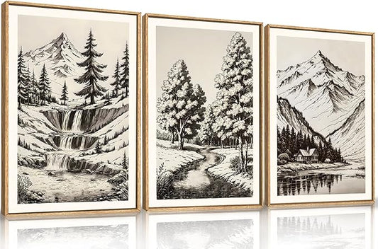 HOURIA Large Vintage Mountain Sketch Framed Canvas Wall Art Set,Modern Pine Tree Wall Decor, Natural Botanical Wall Painting,Retro Abstract Art Print for Living Room,Bedroom,Office- 24"x36"x3