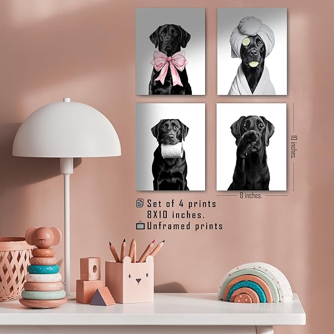 FITIE Funny Black Labrador Retriever Bathroom Wall Art Posters Set of 4, Dog Bathroom Decor, Coquette Bow Humor Black Lab Dog Canvas Prints Artwork Wall Decor for Bath Wash Room, 8x10 Unframed