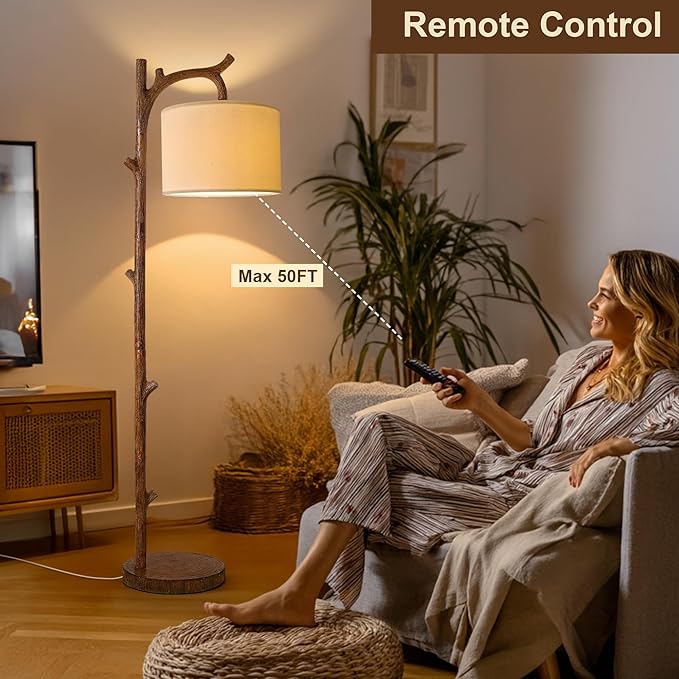 OYEARS Retro Farmhouse Floor Lamp for Living Room with Remote Rustic Standing Lamps Tree Trunk Deco Modern Country Vintage Wood Floor Lamp（Brown,Bulb Included）