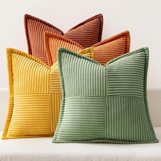 MIULEE Fall Burnt Orange Green Throw Pillow Covers 20x20 Inch 4 Packs Soft Boho Decorative Color-Clash Pillow Cases Modern Farmhouse Cushion Cases for Couch Sofa Bed Corduroy Striped Home Decor