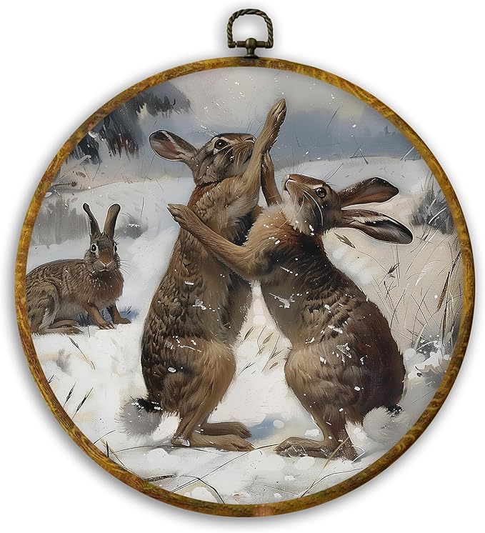 CUANFDDSF Vintage Winter Bunny Round Wall Art Decor, Rustic Cottagecore Rabbit Wall Hanging Frame Decor, Antique Winter Fighting Bunny Canvas Prints Decorations for Home Bedroom, 10x10 Inch