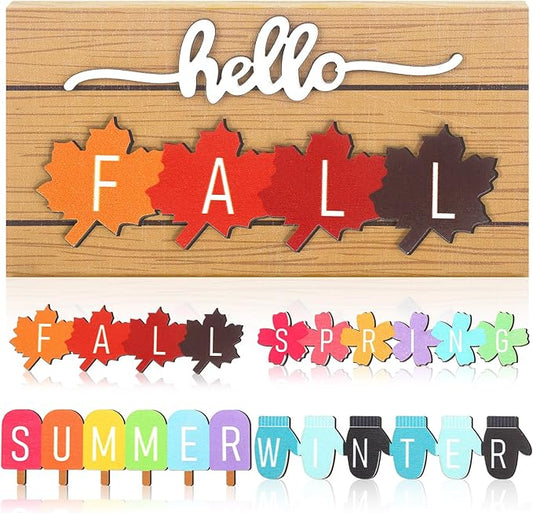 Roowest 5 Pcs Hello Fall Sign Interchangeable Seasonal Sign Spring Summer Winter Tiered Tray Decor 5.9 x 3 Inch Wooden 4 Seasons Farmhouse Table Centerpiece Decoration for Home Shelf Office(Simple)