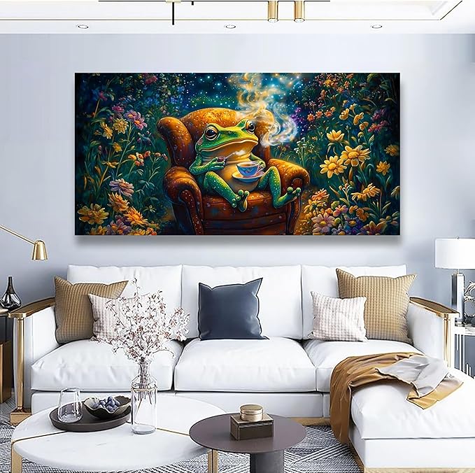Garden Frog Sipping Tea Picture Print Canvas Wall Art Living Room Office Bedroom Wall Decoration Fantasy Wall Art Prints Modern Green Blue Landscape Artwork Waterproof Ready to Hang - 20x40 inches