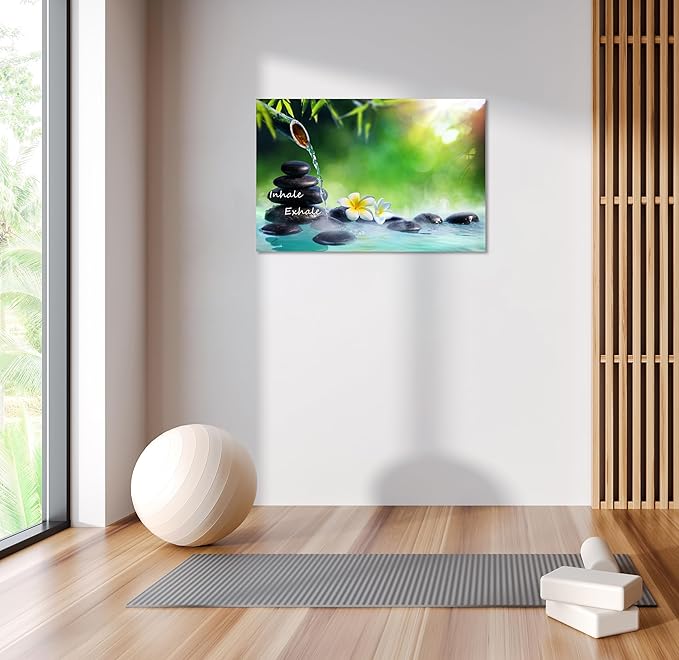 YIOZHAOFH Spa Canvas Print Art Nature Zen Painting Relaxing Bathroom Wall Art Decor White Lotus Pictures Framed Artwork Inhale Exhale Poster Office Decor for Spa Room Bedroom (20L x 30W)