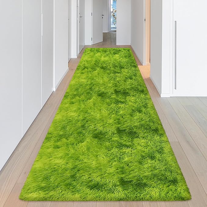 Tie-Dyed Runner Rug for Bedroom Green 3x10ft Fluffy Area Rug Bedside Runner Rug for Kids Room Boys Teens Nursery Baby Living Room Dorm Home Decor Carpets