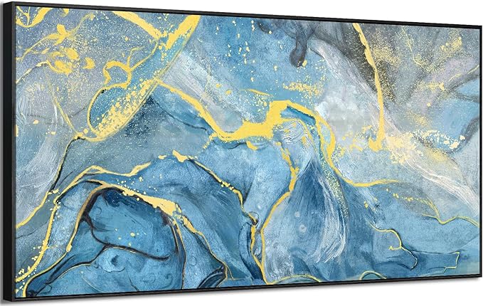Large Black Framed Wall Art for Living Room Blue Abstract Seascape Canvas Print Modern Ocean Beach Theme Coastal Landscape Fluid Texture Painting Seaside Artwork Office Decor 30x60inch