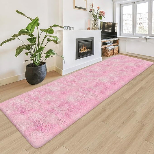 Super Soft Fluffy Living Room Area Rug 2x8 ft Tie-Dyed Light Pink Shaggy Furry Carpet Washable Non-Slip Floor Rugs Bedroom Bedside Nursery Kawaii Rug Fuzzy Girls Dorm Home Decor Aesthetic