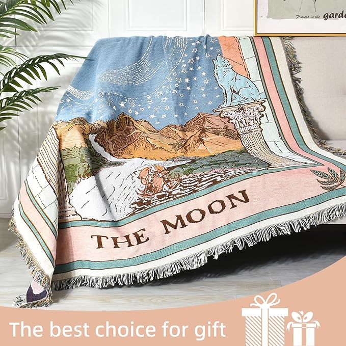 Boho Throw Blanket Reversible Cotton Bohemian Tapestry Hippie Room Decor Double Sided (Boho The Moon 50"x60")