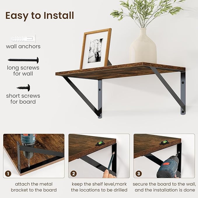 Fun Memories Deep Floating Shelves for Wall, 16W x 8D Wall Mounted Shelves Set of 2, Wide Display Ledge Shelf with Sturdy Metal Brackets for Living Room, Bathroom, Bedroom and Kitchen, Rustic Brown