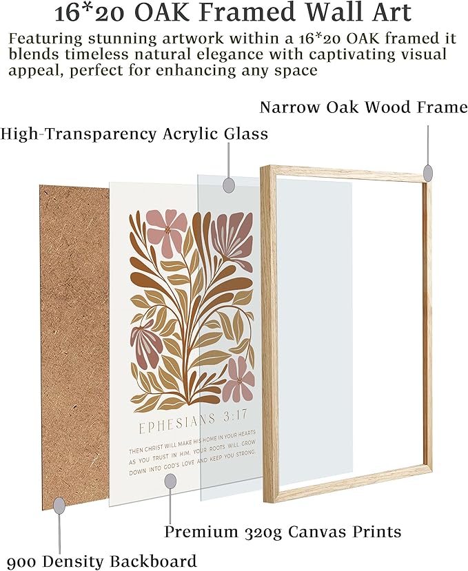EcoHest Bible Verse Floral Framed Wall Art, Large 16x20 in OAK Wood Abstract Flowers Canvas Wall Art, Ephesians 3:17 Home Decor, Beige Logs Boho Christ Set of 1 for Bedroom Living Room