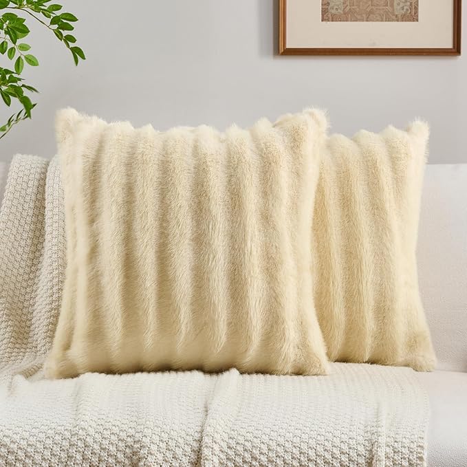 FUTEI Beige Decorative Throw Pillow Covers 16x16 Inch Set of 2,Soft Fluffy Faux Mink Fur Dyeing Striped Textured Cushion Case,Modern Home Decor for Couch Bed Living Room