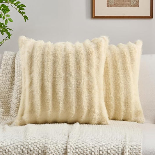FUTEI Beige Decorative Throw Pillow Covers 20x20 Inch Set of 2,Soft Fluffy Faux Mink Fur Dyeing Striped Textured Cushion Case,Modern Home Decor for Couch Bed Living Room