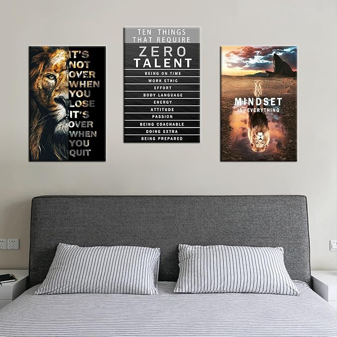 Lion Motivational Wall Decor Inspirational Quotes Wall Art Canvas Zero Talent Poster Print 3 Panel Animal Picture Artwork for Living Room Bedroom Office Home Decor Framed Ready to Hang [48''Wx 24''H]