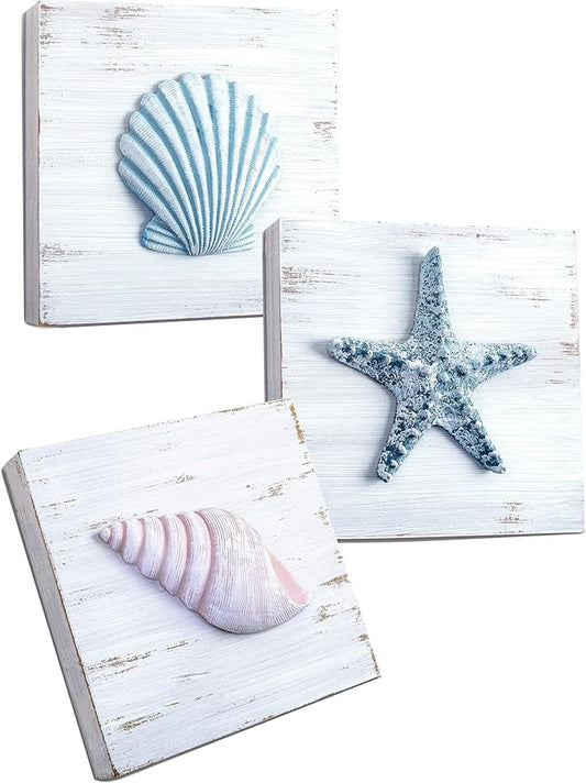 TideAndTales 3D Beach Wall Art - Seashell with Starfish for Coastal Bathroom Decor, Ocean Inspired Decor for Bathroom, Coastal Bedroom, Living Room or Beach House, Set of 3 (6”x 6”)