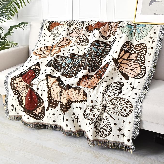 Boho Throw Blanket Reversible Cotton Bohemian Tapestry Hippie Room Decor Double Sided (Month Moth Print 50"x60")