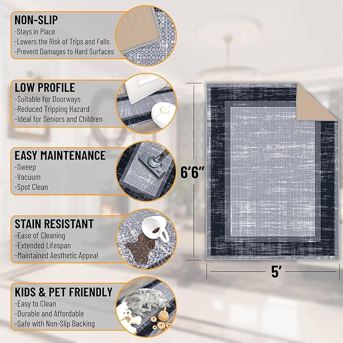 Ottomanson 5' x 6'6" Rugs for Living Room Border Area Rug for Bedroom - Non Slip Durable Large Floor Carpet for High Traffic Areas - Indoor Rug for Dining Room Kitchen Kids Playroom, Gray/Navy