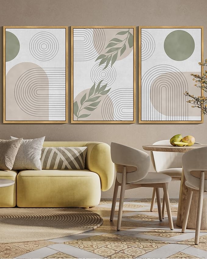 KUVIOKE Green Boho Framed Wall Art Modern Botanical Wall Printing Neutral Geometric Prints Bohemain Sage Decor Ready to Hang 24x36in (Natural Framed)