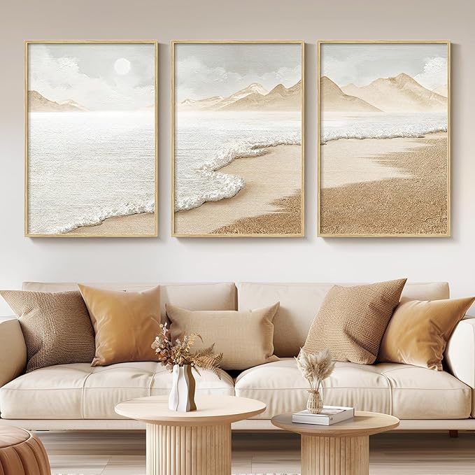 Framed Boho Coastal Beach Wall Art for Living Room, Large Neutral Abstract Coastal Canvas Artwork for Walls, 3 Piece Minimalist Ocean Picture Print for Bedroom Kitchen Wall Decor, Total Size 30x60 In
