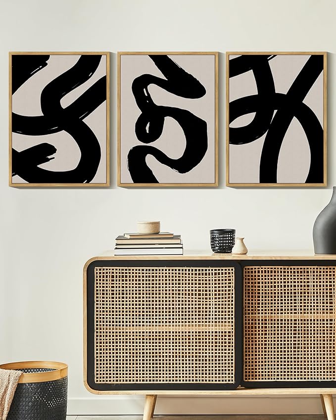 KUVIOKE Black Abstract Framed Wall Art Ink Wash Minimalist Lines Painting Artwork for Bedroom Living Room Hallway Decor Ready to Hang 12x16in (Natural Framed)