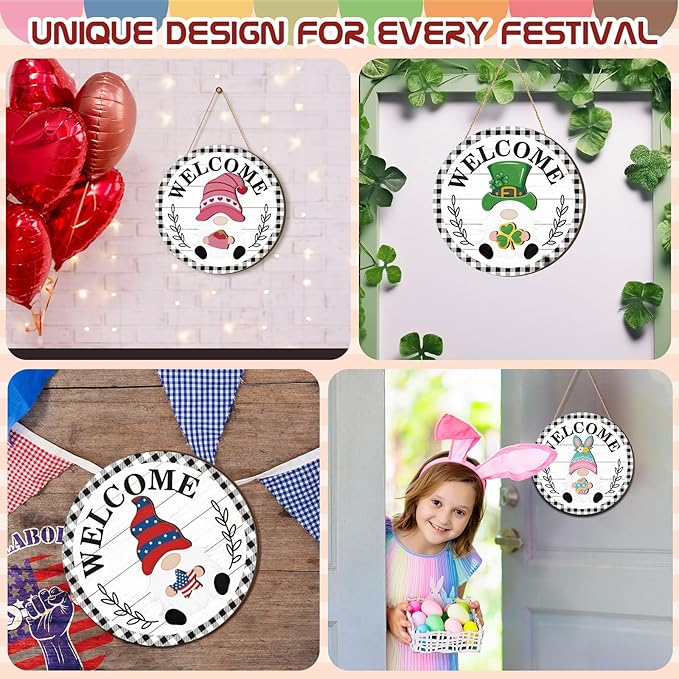 Qunclay Interchangeable Wooden Gnome Decor Holiday Seasonal Gnome Decorations with Magnet Pieces and Detachable Hats Changeable Welcome Sign for Home(Black and White Checkered Style)