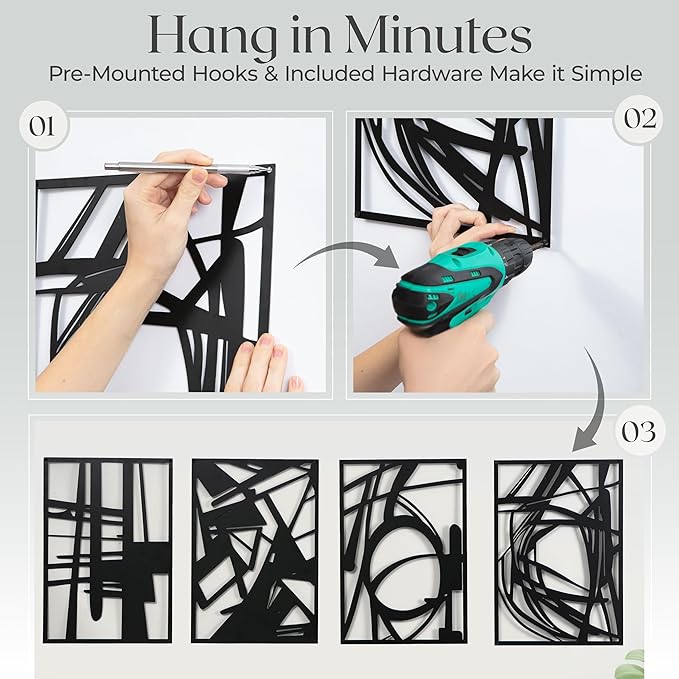 OUR NEST Pack of 4 Black Abstract Metal Wall Art – Minimalist Matte Finish 3D Line Art Wall Decor for Living Room, Bedroom, Bathroom, or Study (16" x 11")