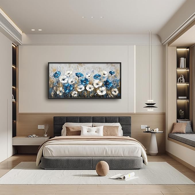 Flintis Large Blue and White Flowers Framed Wall Art Floral Pictures Wall Decor Abstract Landscape Canvas Painting Print Artworks Decor Framed for Living Room Bathroom Master Bedroom 60L X 30W