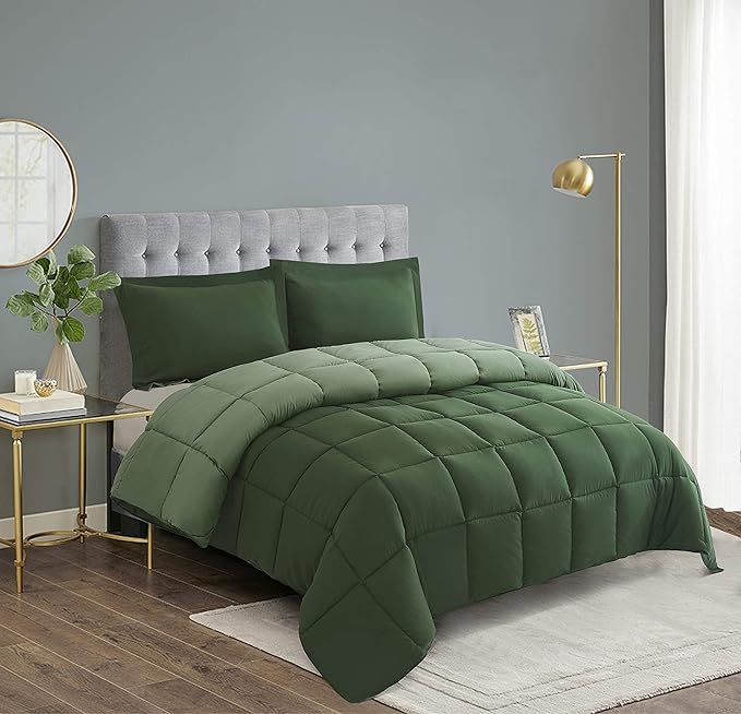HIG 3pc Green King Comforter Set Duvet Insert, Reversible, All Season, Box Stitched, with Corner Tabs, Soft, Fluffy