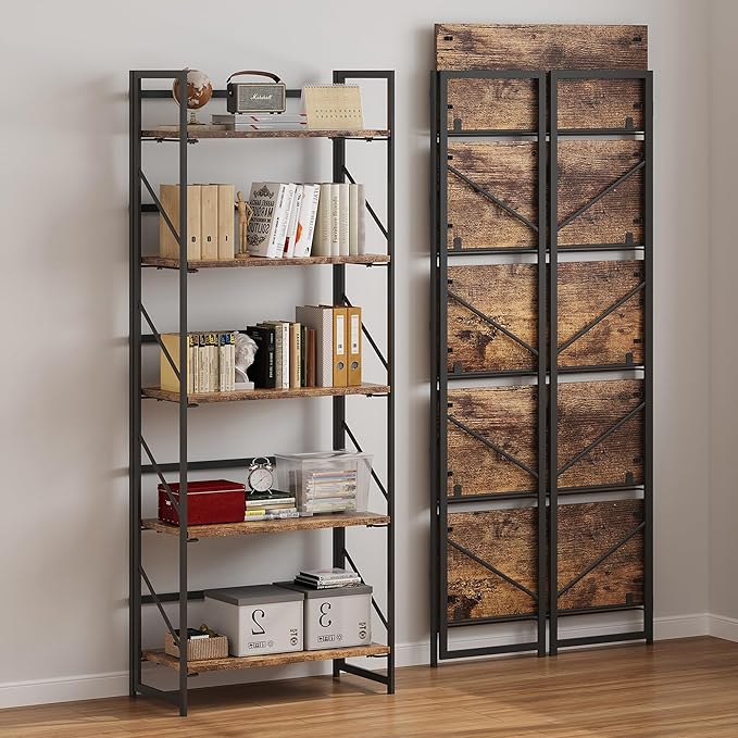 JSB No Assembly Folding Bookshelf, 5 Tier Industrial Metal Book Shelf for Storage, Vintage Wood Foldable Bookcase for Living Room, Bedroom, Office Organization Shelves