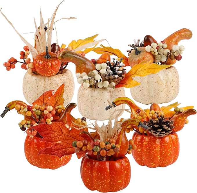winemana Fall Decorations for Home - Set of 6 Artificial Pumpkin, Berry & Pine Cone Table Centerpiece for Office, Thanksgiving, Bathroom Kitchen Autumn Decor