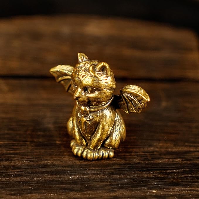 CHOVY Retro Handcrafted Evil Cat Sculpture - 100% Solid Brass Demon Cat Figurine with Wings & Fangs | Gothic Dark Fantasy Desktop Decor, Collectible Art Piece Unique Gift
