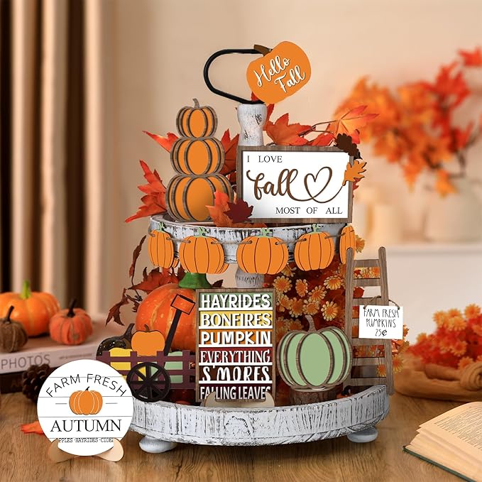 Sumind 15 Pcs Fall Tiered Tray Decor Set Fall Decorations for Home Autumn Wood Signs Thanksgiving Orange Brown Table Signs Farmhouse Wooden Maple Pumpkin Gnomes Tabletop for Festival(Harvest)