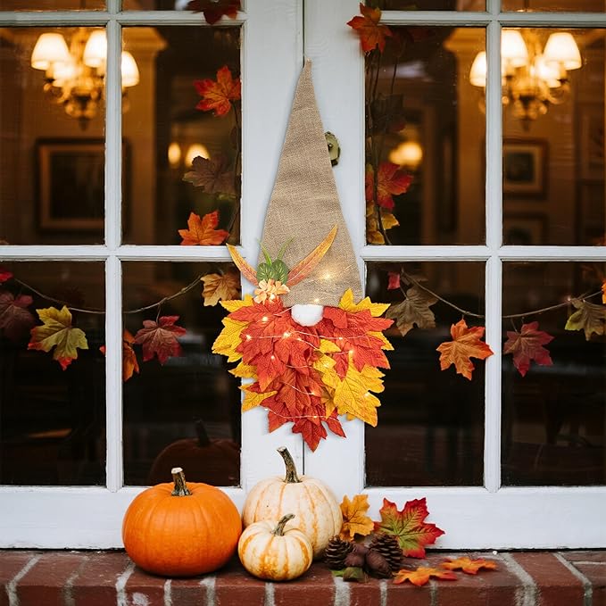 Fall Wreaths Gnome Door Hanging Garland with Maple Leaves LED String Lights, Artificial Maple Leaves Wreath for Autumn Harvest Thanksgiving Decoration Home Indoor Outdoor A