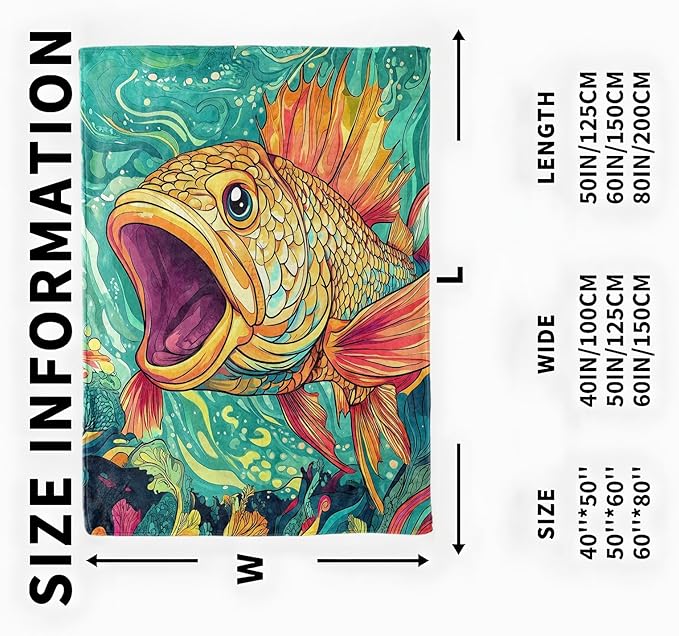 Cartoon Fish Blanket, Cozy Flannel Vibrant Open-Mouth Fish Throw Blanket, Soft Fuzzy Blankets for Travel Home Decor, All Season Lightweight Couch Bed Cover, Gifts for Women Adults Kids 60"×80"
