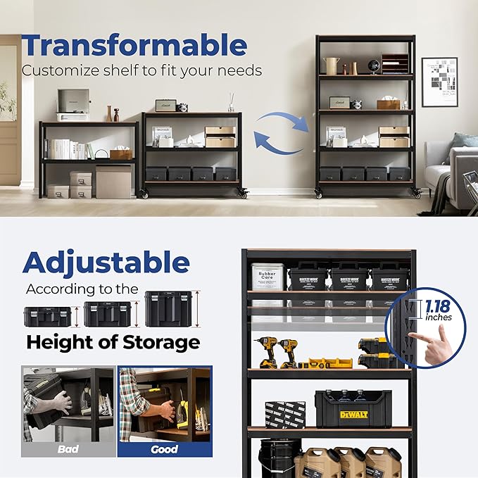 HOMEDANT House 5-Tier Metal Boltless Rolling Cart Shelf Rack Casters Heavy Duty Wheel Shelving Unit Adjustable Utility Storage Shelves Organizer Shelf Kitchen Garage 48.1" W x 18.5" D x 75.4" H 4Pack