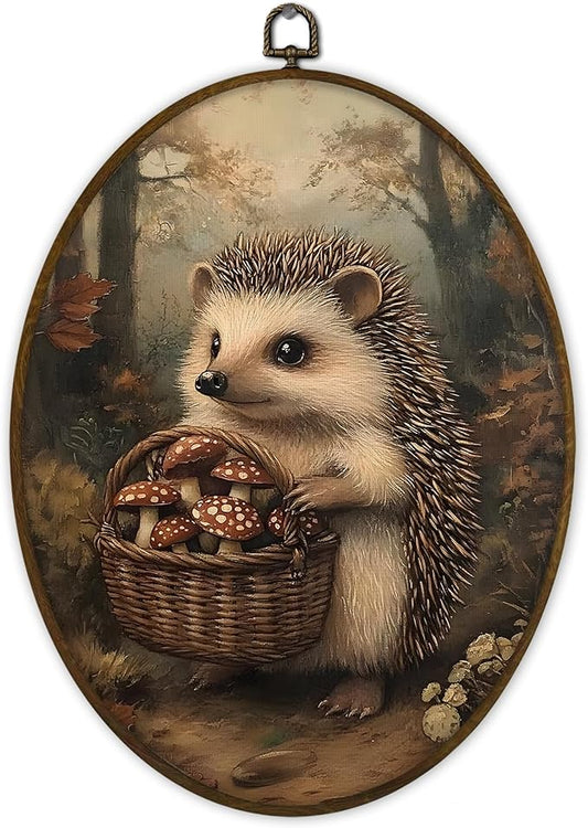 Gnmduw Vintage Hedgehog Oval Wall Art Framed, Fall Cottagecore Mushroom Canvas Prints Hanging Decor, Dark Academia Mushroom Hedgehog Wall Decor for Nursery Gallery Bedroom Living Room, 8.7x11.3 In