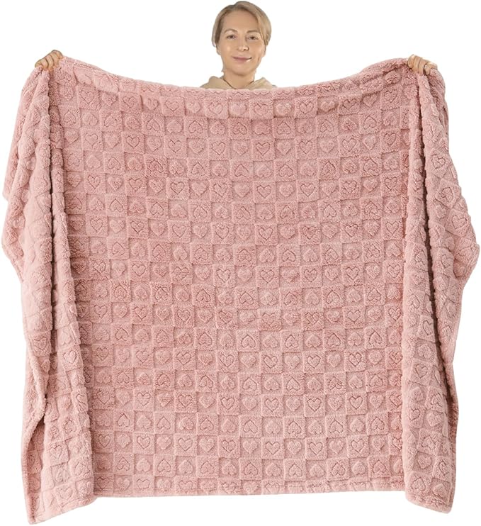 NEWCOSPLAY Super Soft Twin Blanket Pink Premium Silky Flannel Fleece 3D Heart Checkered Lightweight Bed Blanket All Season Use (Pink Heart, Twin(60"x80"))