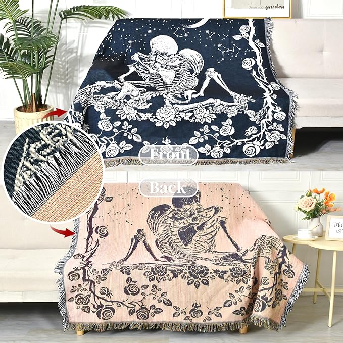 Boho Throw Blanket Reversible Cotton Bohemian Tapestry Hippie Room Decor Double Sided (Boho Skeleton Lover Moon Blue 50"x60")